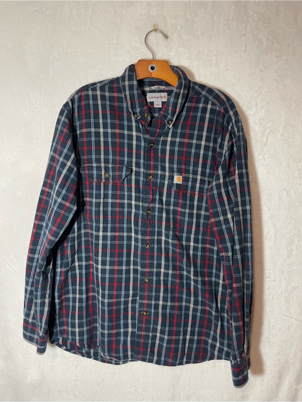 Carhartt Navy and Red Plaid Button-Down Work Shirt